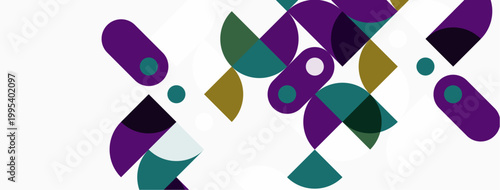 Abstract geometric shapes overlap, creating dynamic composition. Purple, teal, gold hues dominate white background. Modern design element.
