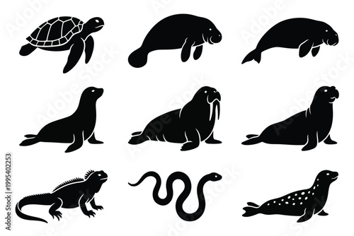 Set of marine animals and reptiles black silhouettes isolated on transparent background