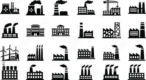 Industrial factory icons, power plant silhouettes, manufacturing facility structures, construction site architecture, energy infrastructure vector illustration