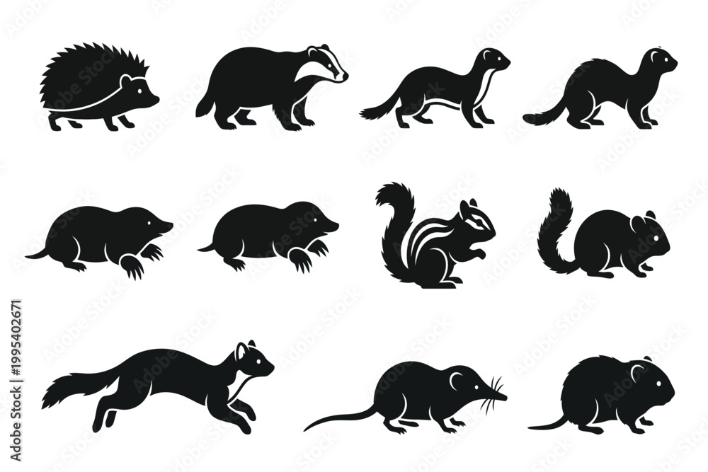 Obraz premium collection of animal silhouettes including hedgehog, badger, weasel, ferret, otter, opossum, skunk, squirrel, raccoon, fox, and rat isolated on transparent background
