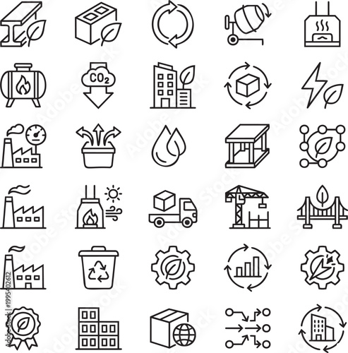 30 Green Steel & Low-Carbon Cement Line Icons – Sustainable Construction, Clean Manufacturing, Eco Materials Minimalist Vector Outline Set for UI UX