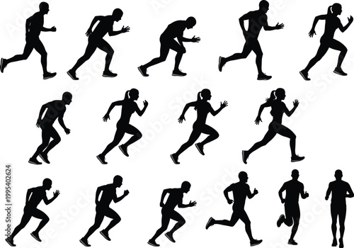 Running motion silhouettes, dynamic athlete figures, male and female joggers, fitness exercise progression, sport activity vector illustration design