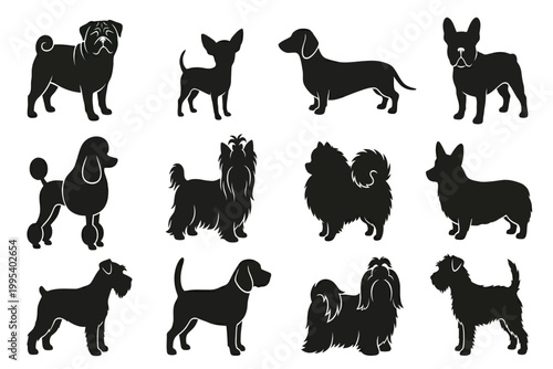 collection of various dog breeds silhouettes isolated on transparent background