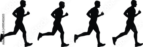 Running silhouette sequence showing athletic motion, human locomotion stages, sports training concept, fitness exercise, marathon sprint progression illustration