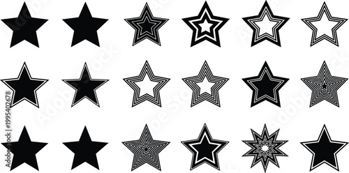 Star design variation vector illustration, solid and outlined geometric artwork, decorative symbol icons for graphic themes