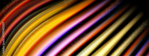 Abstract colorful lines curve across black background. Vivid hues create dynamic visual effect. Brightness contrasts sharply with darkness.