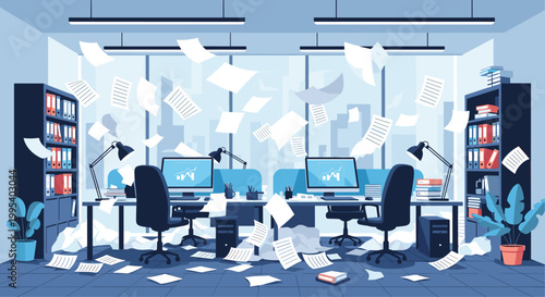 Overwhelming workload concept showing a chaotic and messy office environment with papers flying in the air everywhere.