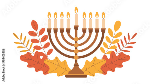 Hanukkah Menorah Vector Jewish Holiday Illustration with Autumn Leaves