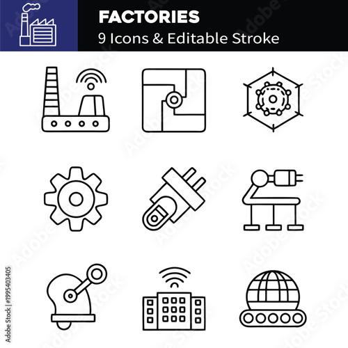 Factories web icons in line style. Production, technology, factory, industry power, manufacture. Vector illustration