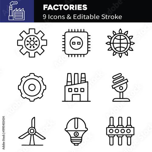 Factories web icons in line style. Production, technology, factory, industry power, manufacture. Vector illustration