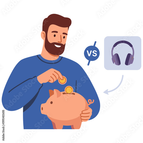 Man saving money in piggy bank versus buying headphones