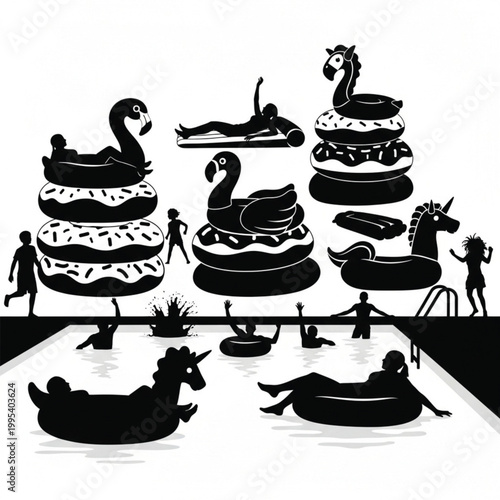 Silhouette of people on inflatable pool toys on a large table, Generative Ai