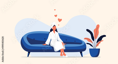 Woman relaxing at home in a white bathrobe and towel after a spa treatment or bath representing self care and pampering.
