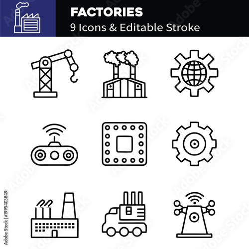 Factories web icons in line style. Production, technology, factory, industry power, manufacture. Vector illustration