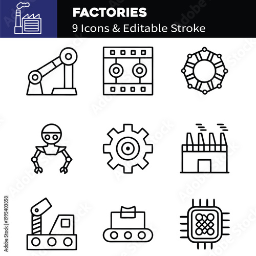Factories web icons in line style. Production, technology, factory, industry power, manufacture. Vector illustration
