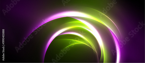 Abstract layers, vibrant colors, flowing shapes create dynamic visual effect. Purple, green, white hues dominate dark background.