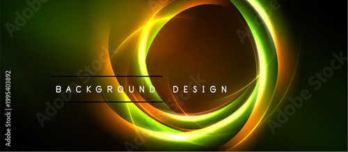 Abstract design features glowing concentric circles. Green, orange hues dominate dark background. Text reads background design.