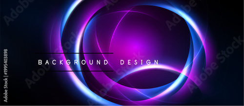 Abstract neon circles over black background. Vibrant purple, blue glows create dynamic visual effect. Modern design element.