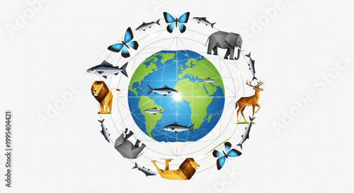 Geometric animal silhouettes orbiting the earth globe in space