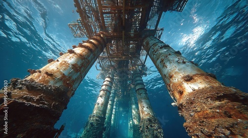 Dramatic Underwater Atmospheric View of Massive Rusty Offshore Oil Rig Platform Industrial Structure