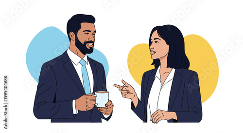 Two professional colleagues engaged in a friendly casual conversation during a coffee break in a corporate environment.
