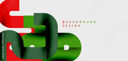 Abstract design features layered shapes. Red, green hues dominate neutral backdrop. Modern aesthetic, simple composition.