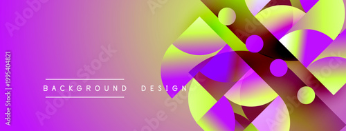 Abstract vibrant design features geometric shapes, gradients. Purple, yellow hues dominate composition. Modern aesthetic.