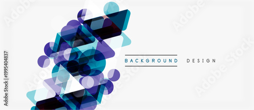 Abstract geometric shapes overlap, creating dynamic visual effect. Blue, purple hues dominate white space. Modern design element.