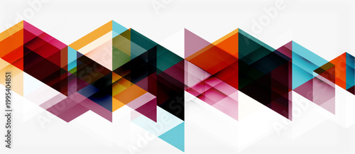 Abstract geometric shapes overlap, creating vibrant colorful pattern. White background emphasizes design elements. Modern aesthetic.