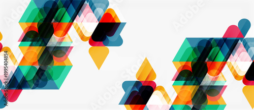 Abstract geometric shapes overlap, creating colorful translucent patterns. Bright hues blend, forming dynamic visual texture.