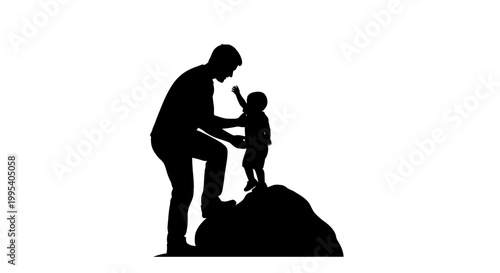 Father and child silhouette climbing together on white background parental guidance concept