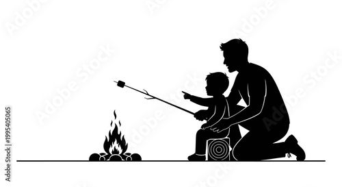 Father and child silhouette camping marshmallow roasting