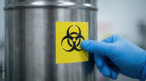 Professional laboratory scientist hands wearing blue nitrile gloves attaching yellow biohazard warning sticker label to metal storage container for hazardous chemical biological waste disposal safety
