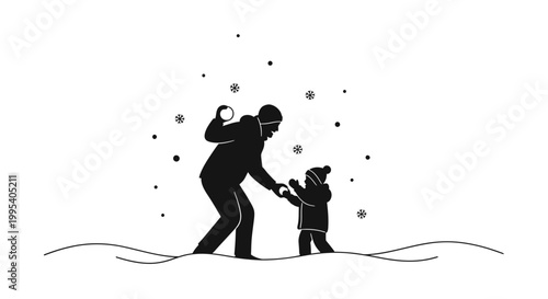 Father and child playing in snow silhouette winter scene activity