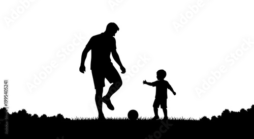 Father and child playing soccer silhouette black and white recreation