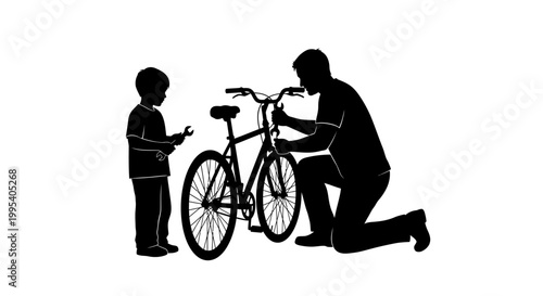 Father and child repairing bicycle silhouette vector illustration
