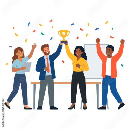 People celebrate with a trophy at an office event with confetti