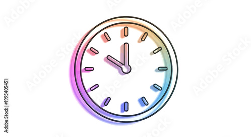 A vibrant neon sketch of a clock face displaying time against a clean white background an iconic