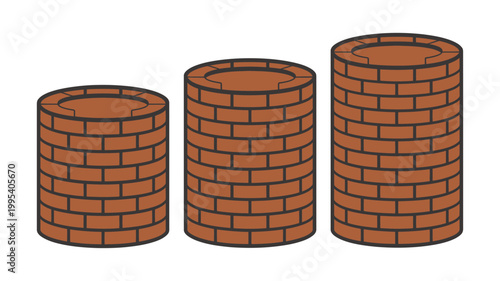 Cylindrical brick structures vector, progression illustration showing height comparison construction stages hollow tube masonry architectural concept design