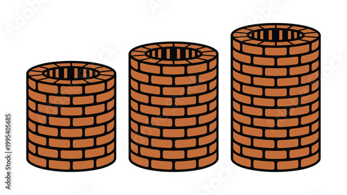 Cylindrical brick structures vector, progression illustration showing height comparison construction stages hollow tube masonry architectural concept design