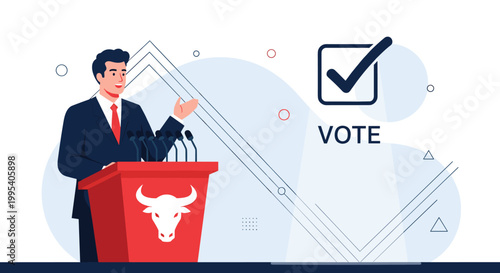 Politician giving a powerful speech at a podium representing an election campaign and the importance of voting.