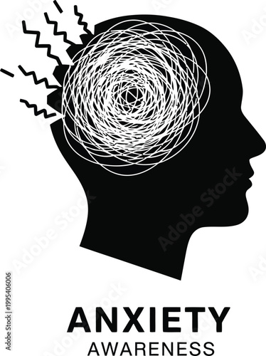 A black silhouette of a human head with a swirling white anxiety symbol