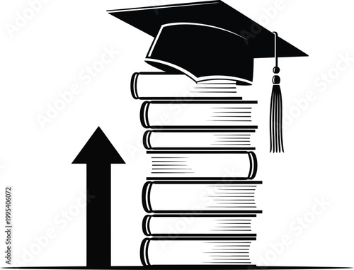 A graduation cap sits atop a stack of books with an upward arrow