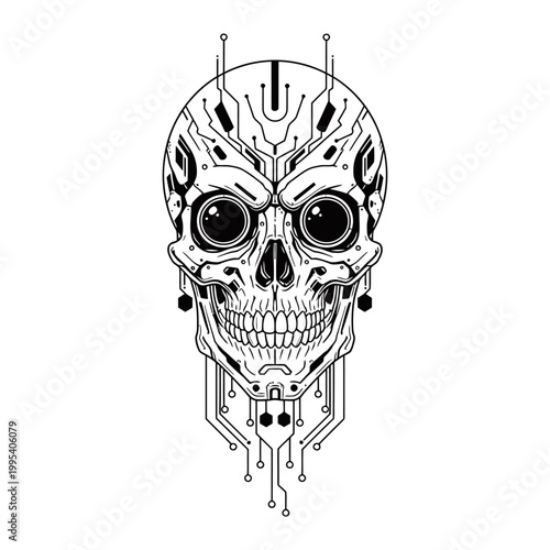 Intricate black and white illustration of a futuristic cyborg skull with circuit board patterns and glowing eyes.