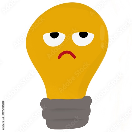 Billede på lærred Cute but sad and uninspired cartoon light bulb character.