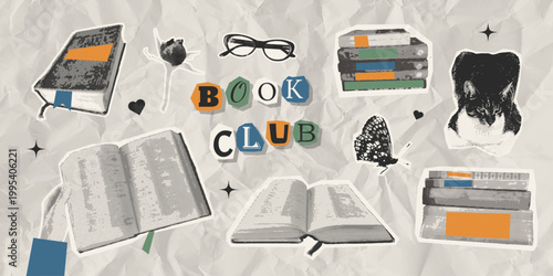 Book lovers halftone collage cutout set with hands holding book, open books, butterfly, cat, glasses and floral element. Vintage style for scrapbook, stickers and journaling. Vector illustration