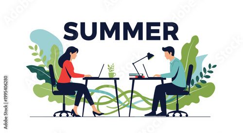 Two young professionals working at separate desks with laptops against a background of lush green summer foliage and leaves.