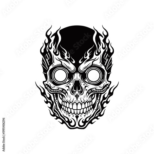 Intricate black and white illustration of a flaming skull with detailed teeth and empty eye sockets, featuring a fierce and stylized design.