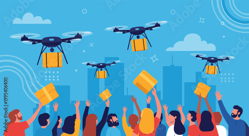 Crowd of people reaching up their hands to catch cardboard boxes being delivered by multiple drones against a city skyline.