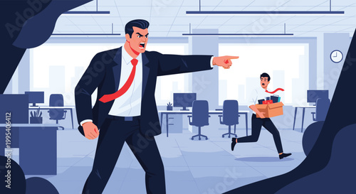 Angry boss in a suit shouting and pointing towards the exit as a fired employee runs away carrying a box of personal items.